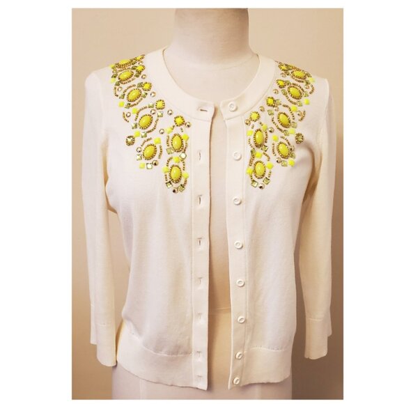 Kate Spade New York White Cardigan with Green and Gold Jeweled Detailing Size-M - Picture 2 of 10